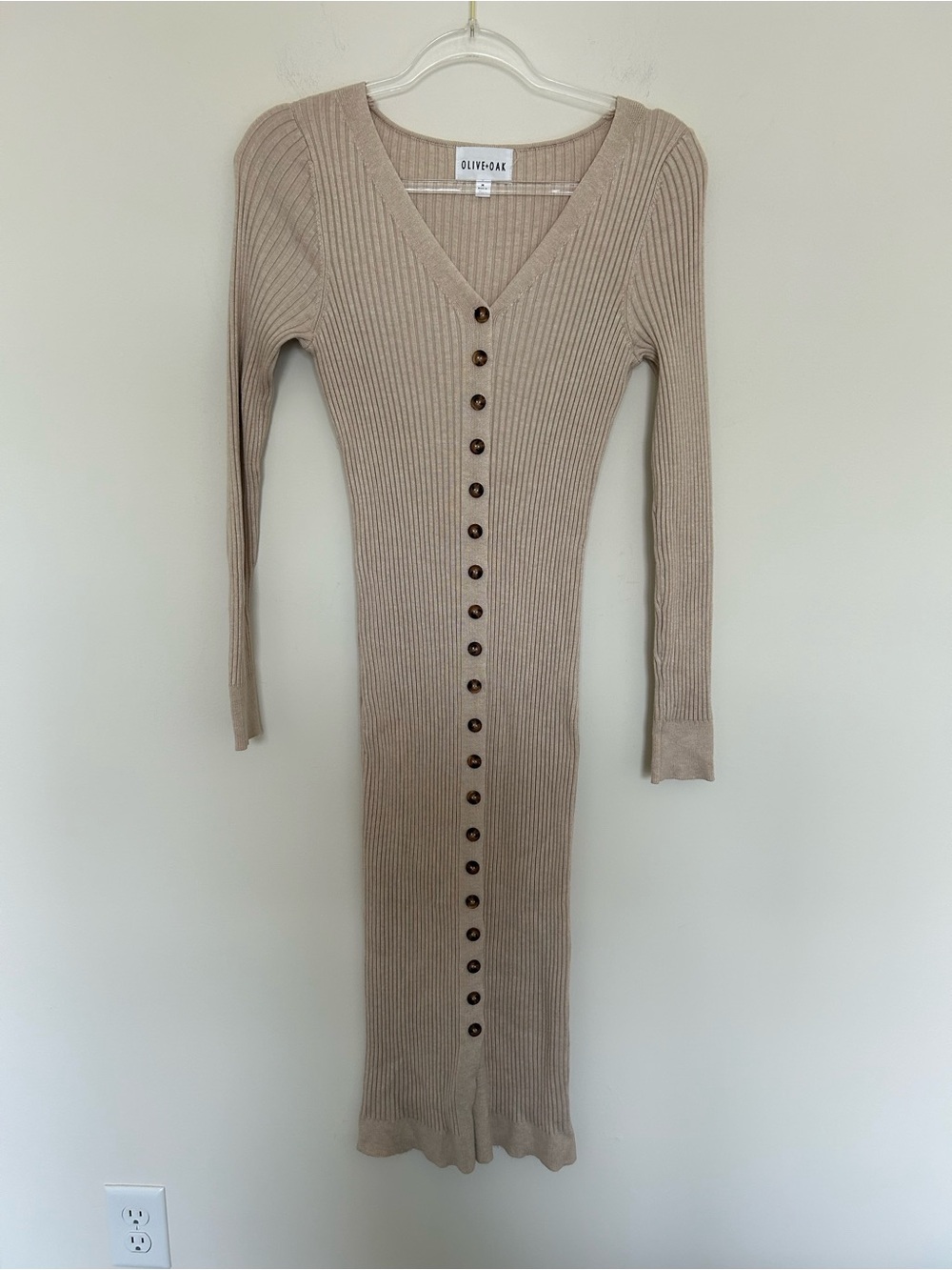 Olive + Oak Ribbed Knit Long Sleeve Body Con Midi Dress Size Medium Beige